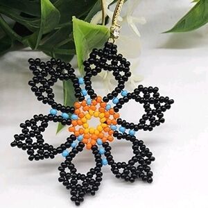 Black and Orange Beaded Flower Pendant